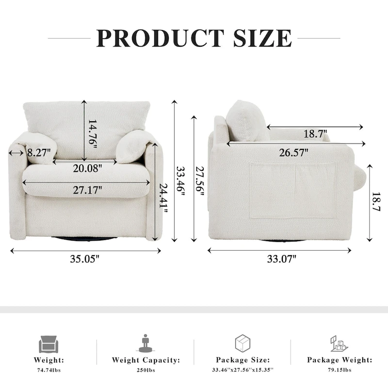 Swivel Accent Chair Single Seater - 360 Rotating Lounge Chair with Chenille Fabric & High-Resilience Cushion