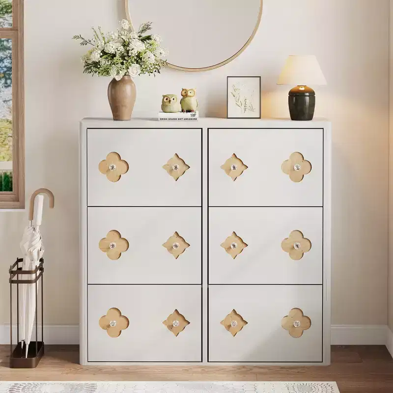 6 Flip-Drawer Shoe Cabinet with Adjustable Shelves - Flower Pattern & Diamond Handle, Space-Saving Entryway Organizer with Anti-Tip Safety