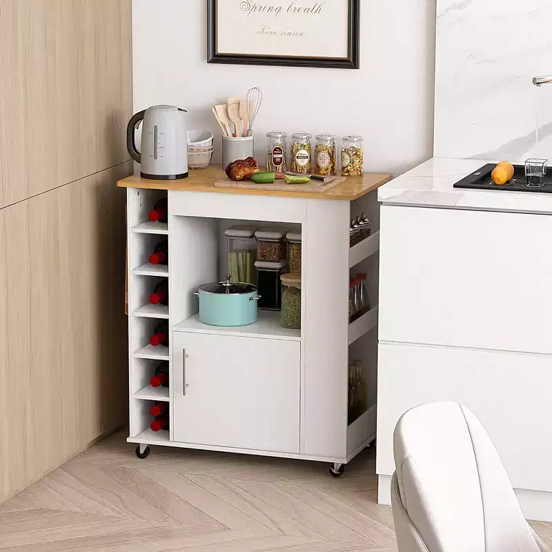 Rolling Kitchen Island Cart with Bamboo Top, Wine Rack, Towel Rack and Spice Rack White
