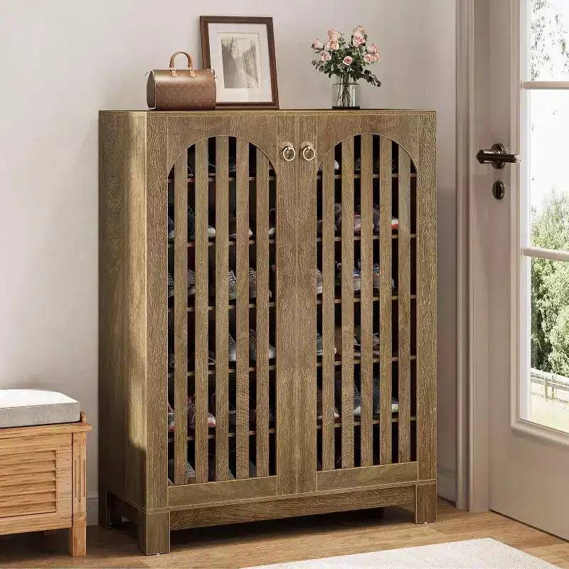 Lantine Shoe Cabinet with Slatted Doors, 6-Tier Entryway Shoe Storage Rack Organizer with Adjustable Shelves for Living Room, Bedroom, Oak