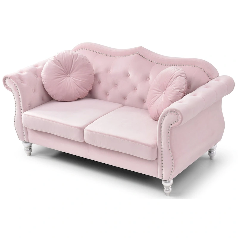 Hollywood 68 in. Velvet Chesterfield Loveseat with 2-Throw Pillow - 68L x 35W x 34H