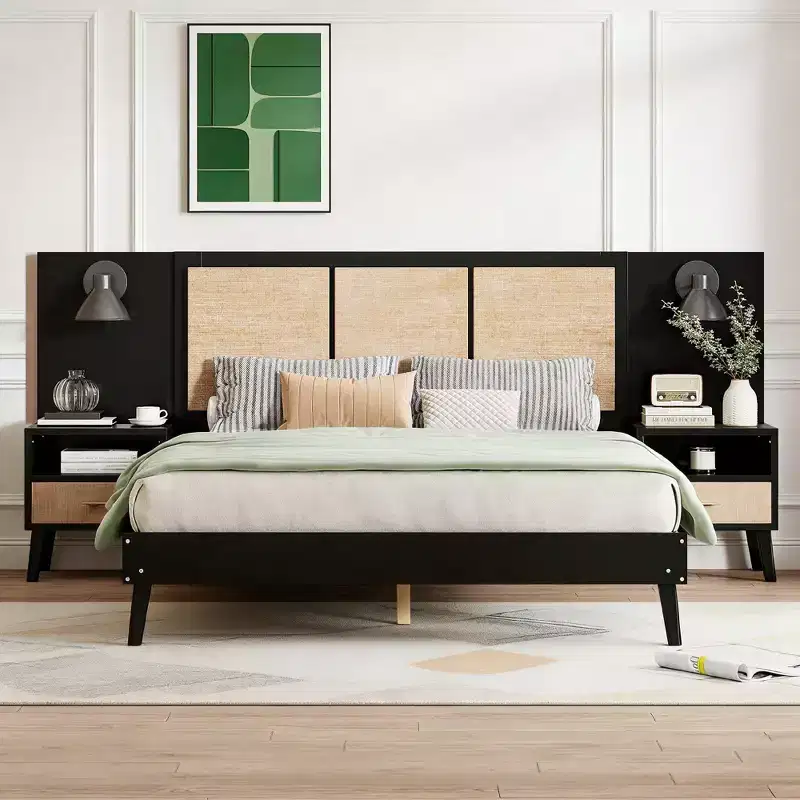 Luxystar Queen Size Wood Platform Bed with 2 Nightstands, 2Lamps and Rattan Headboard, Black