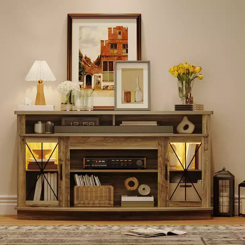 TV Stand for 65-inch TVs with LED Lighting, Spacious Storage Cabinets, Adjustable Shelves