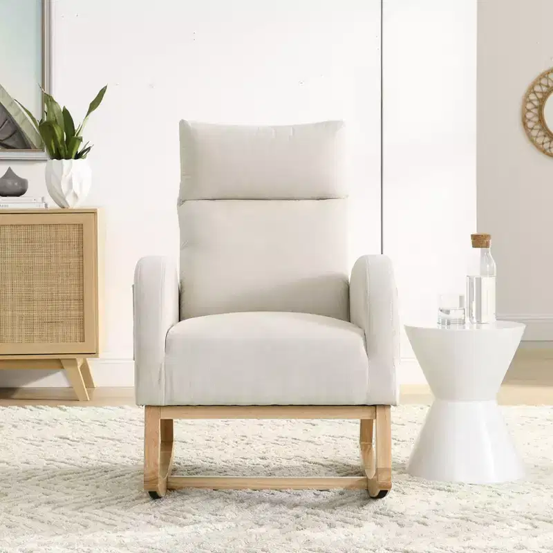 Beige/Gray/Ivory Velvet Rocking Armchair with Side Pockets, Single Seat