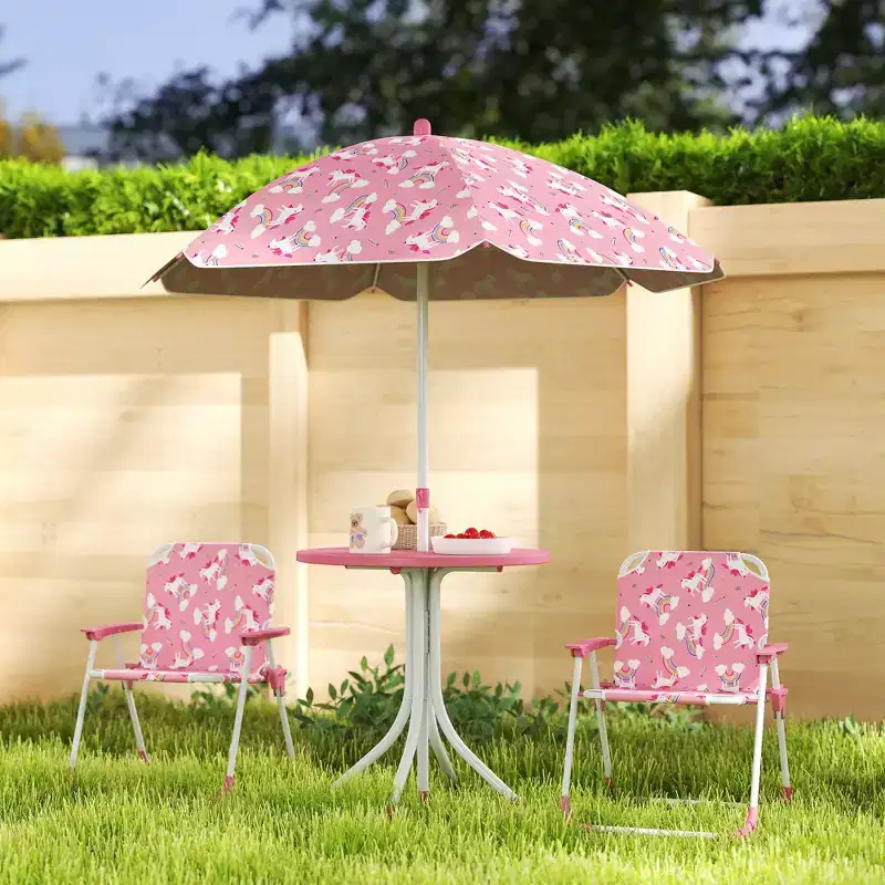 Qaba Kids Picnic Table with 2 Folding Chairs and Umbrella, Unicorn Theme Portable Children Outdoor Furniture for Backyard, Garden, Patio, Pink