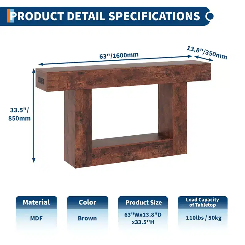 Farmhouse Console Table with Storage Shelf & Charging Station  63 2-Tier Narrow Wood Sofa Side Table for Entryway, Hallway, Living Room