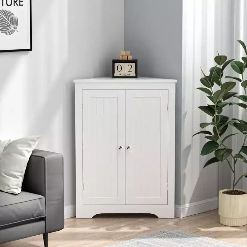 Corner Storage Cabinet, Modern Narrow Organizer with Adjustable Shelf, 2 Doors with Silver Knobs, Floor Cabinet for Living Room and Kitchen
