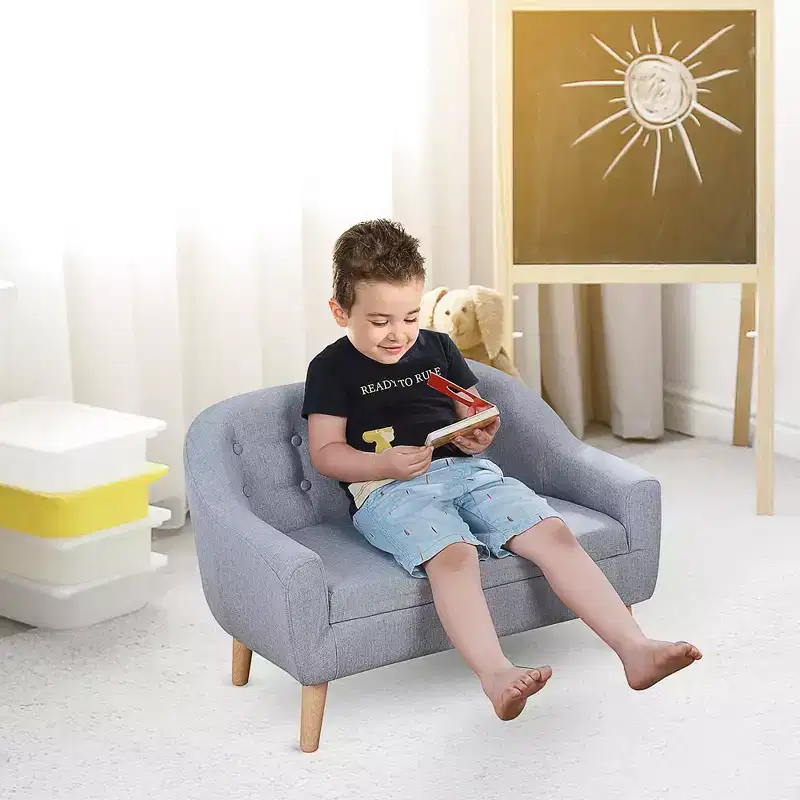 Linen Fabric 2-Seat Kids Sofa Couch with Wood Frame for Ages 3-7 Gray