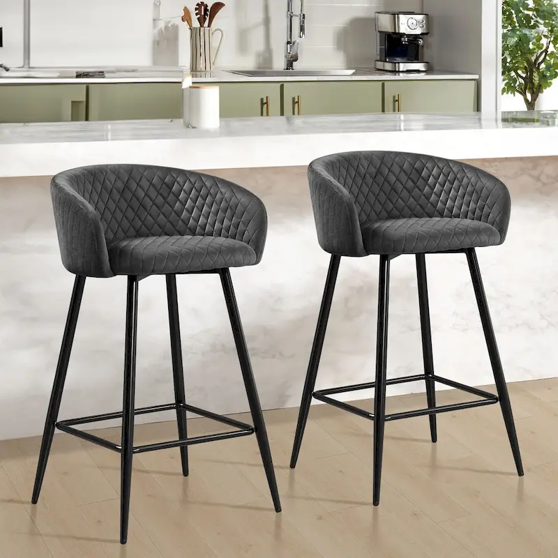 Velvet Upholstered Counter Height Bar Stools with Arms & Metal Legs - 33.9 H x 20.1 W x 20.7 D