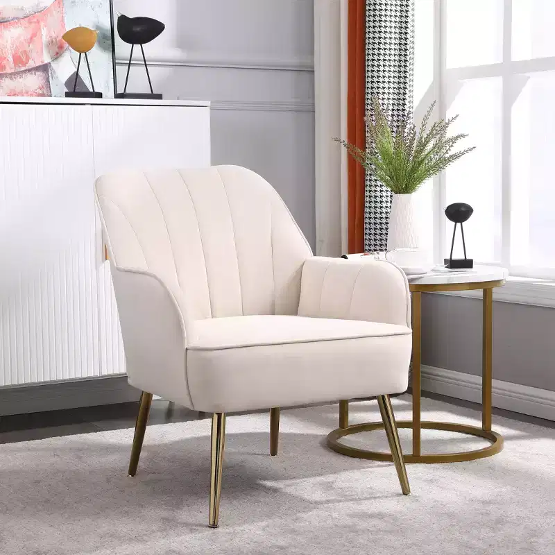 Modern Velvet Accent Chair, Upholstered Mid-Century Armchair with Golden Wood Legs for Living Room & Bedroom