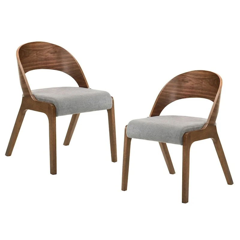 Set of 2 Modern Dining Chairs, Grey Fabric Upholstered Seat with Walnut Wood Legs