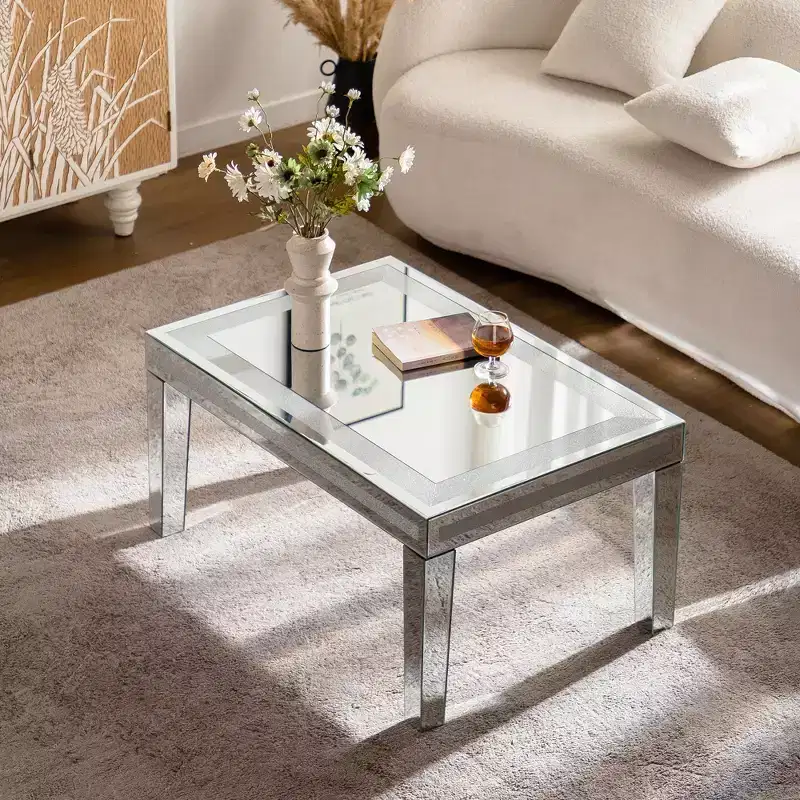 Rectangle Silver Coffee Table with Crushed Crystal Border and Mirrored Finish