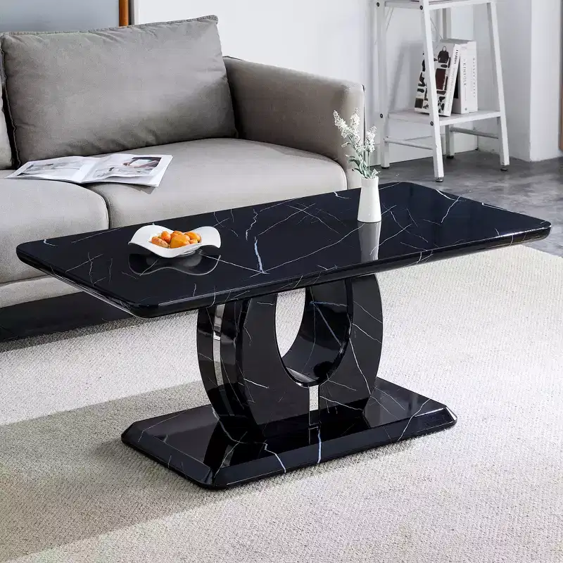 43W Coffee Table Cocktail Table Center Table, Marble Pattern/Wood Texture, Minimalist, White/Black/Walnut-ModernLuxe
