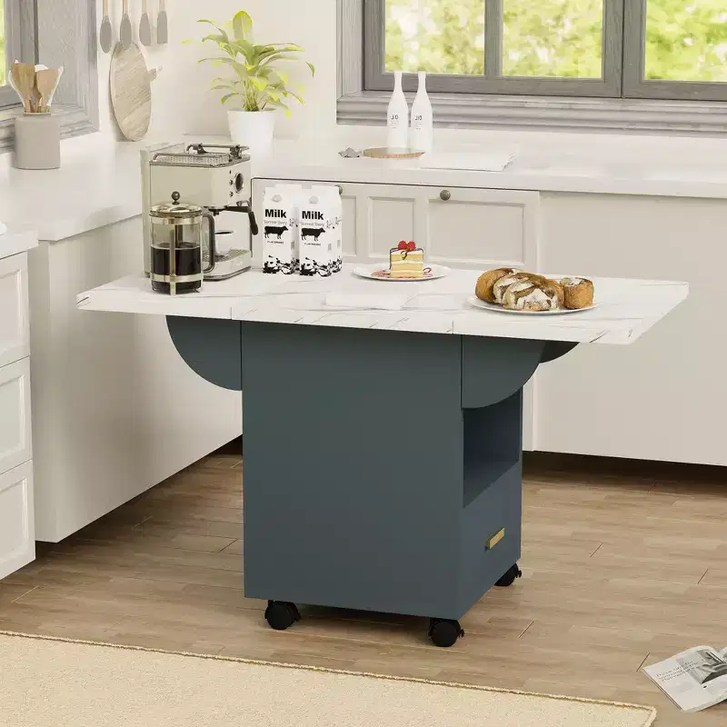 MAYEERTY Folding Kitchen Island Table, Marble Texture Dining Table with Wheels, Storage Drawer & Rack, Space-Saving Multi-Purpose Table