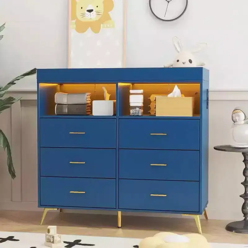 Nursery Dresser with Changing Station & LED Lights, 6-Drawer Baby Dresser with USB Ports, Tip-Resistant Certified