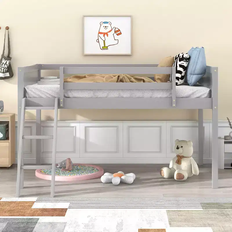 Twin/Full Size Wood Low Loft Bed with Ladder