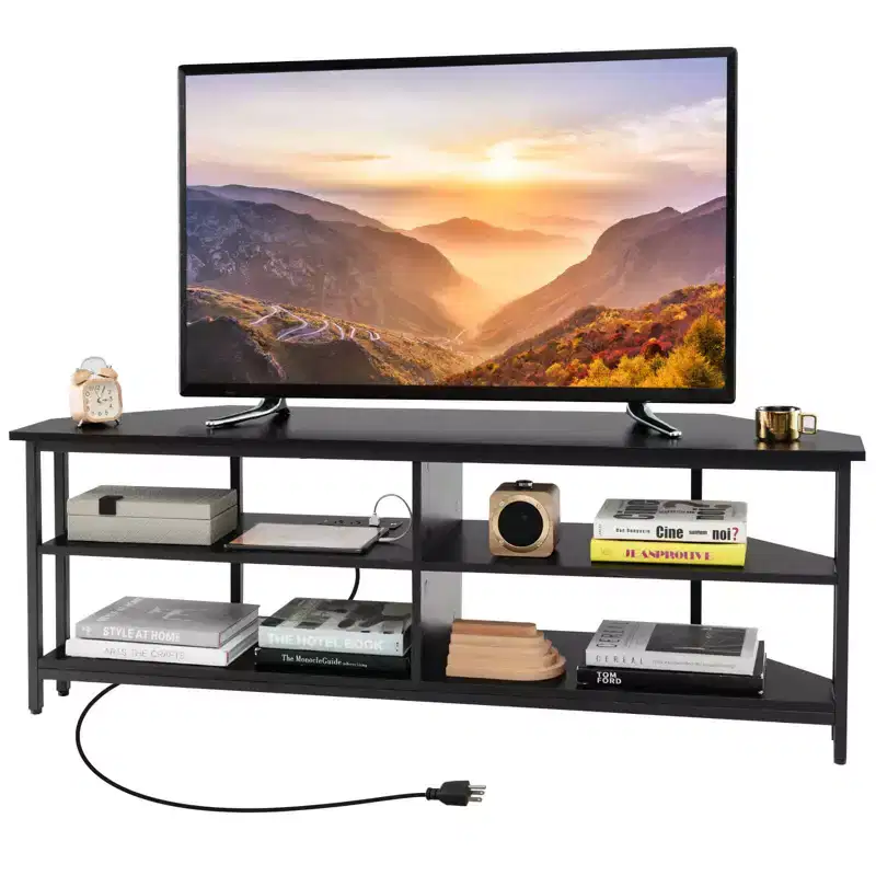 Costway Corner TV Stand for TVs up to 65 TV Console Table with AC Outlets&USB A Ports Rustic Brown/Black/White