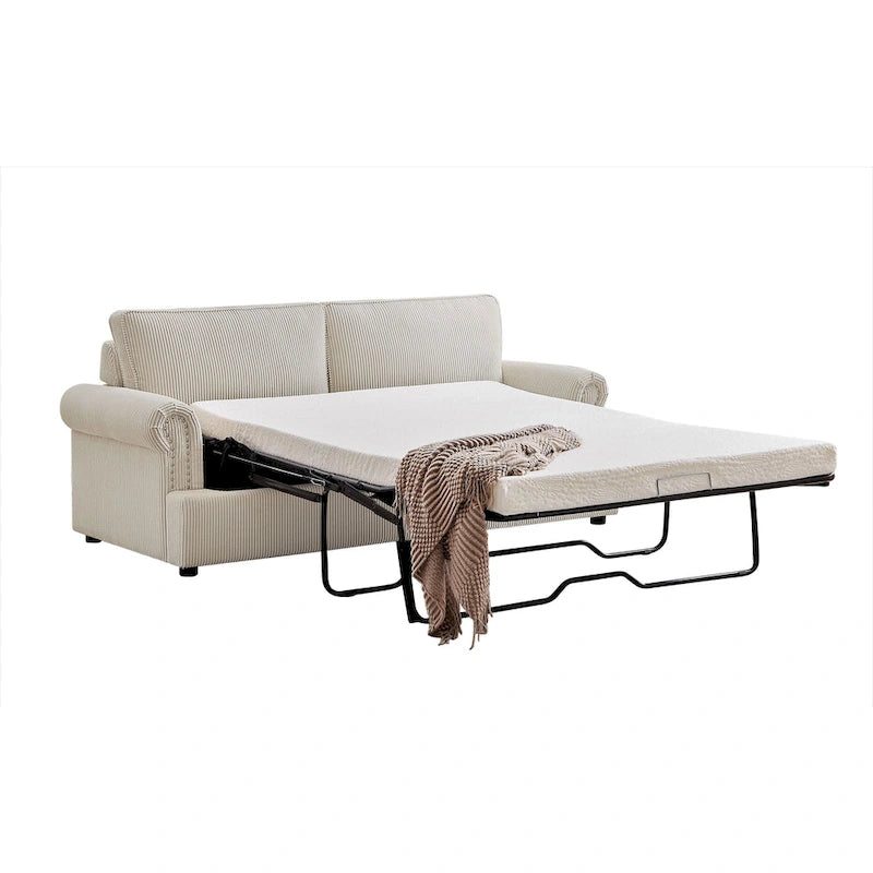 76-Inch Corduroy Sofa Bed with Round Arms and Pull-Out Queen Mattress
