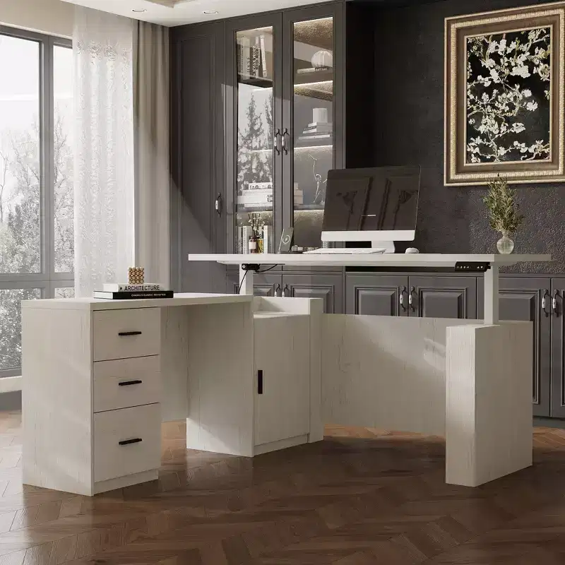 L-Shaped Electric Height Adjustable Desk with Storage Drawers, Charging Ports & 4 Memory Settings