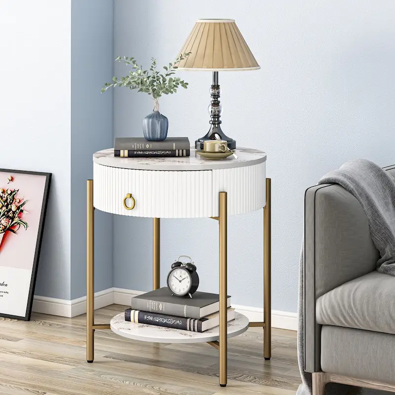 Round End Table with Storage Drawer, Metal Legs, Modern Nightstand for Bedroom & Living Room