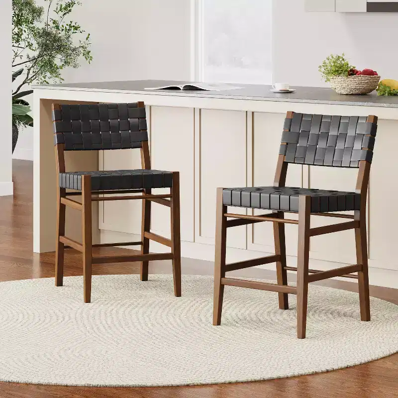 Set of 2 Woven Faux Leather Counter Stools with Footrest, Rubberwood Frame, 24.25