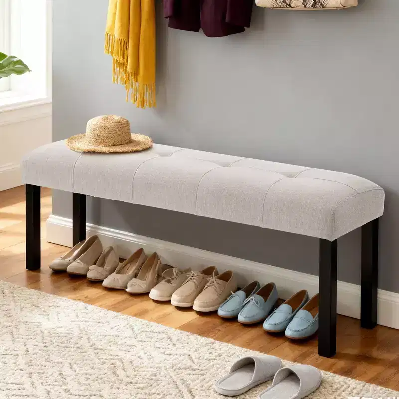 Modern Linen Bench with Tufted Upholstered Versatile Dining Chair Bench with Wood Leg Farmhouse End of Bed Bench for Living Room Bedroom