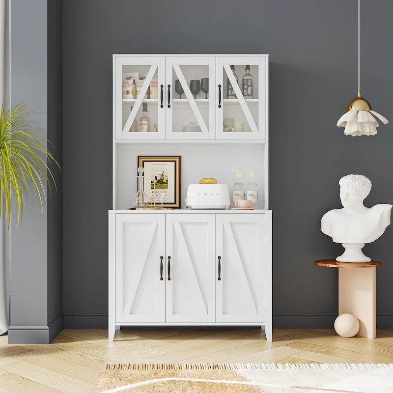 Walnut / Black / White Freestanding Kitchen Pantry Cabinet with Glass Doors, Drawers & Open Shelves