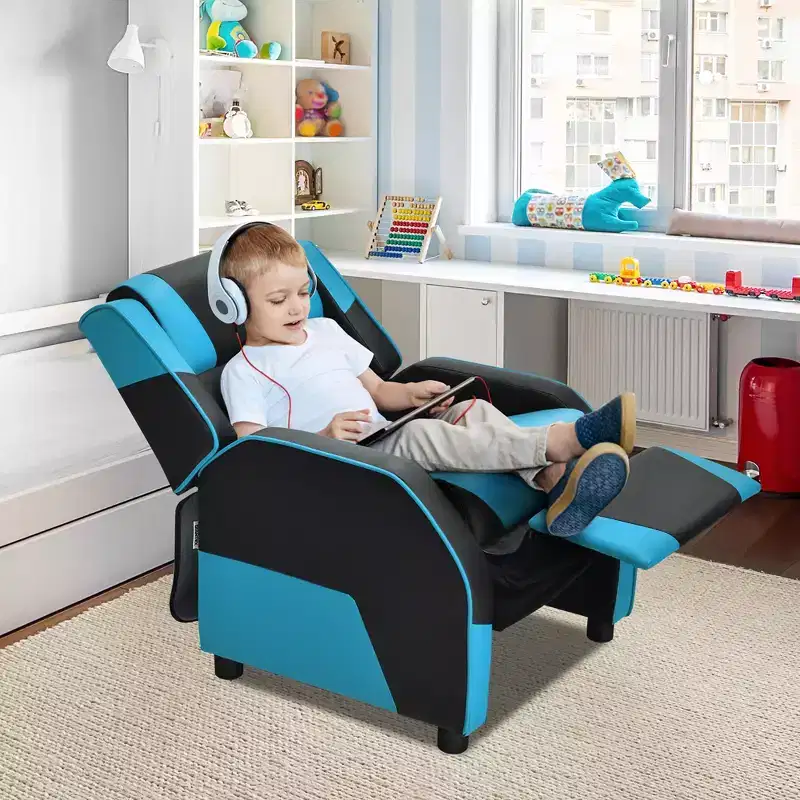 Costway Kids Youth Gaming Sofa Recliner w/Headrest & Footrest PU Leather Yellow\White\Blue\Pink