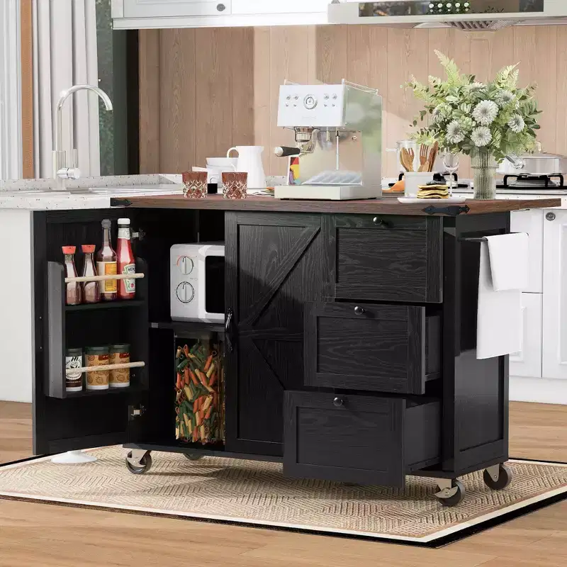 Okak Farmhouse Kitchen Island with Power Outlet, Kitchen Island On Wheels with Internal Storage Rack, Drop Leaf and Spice Rack for Dining Room