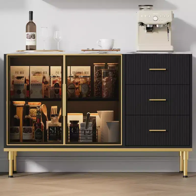 Sideboard Cabinet with Storage, Buffet Table with Faux Marble Top and Glass Doors for Dining Room
