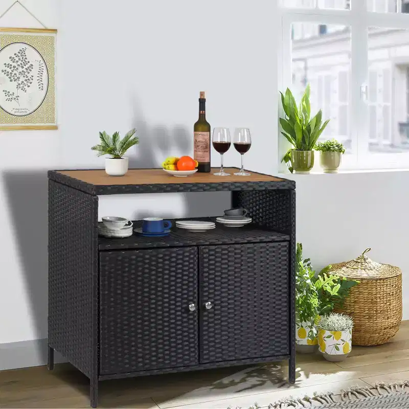 Rattan Storage Cabinet, Outdoor Cabinet for Patio Outdoor Bar Cart with 2 Doors & Adjustable Shelves