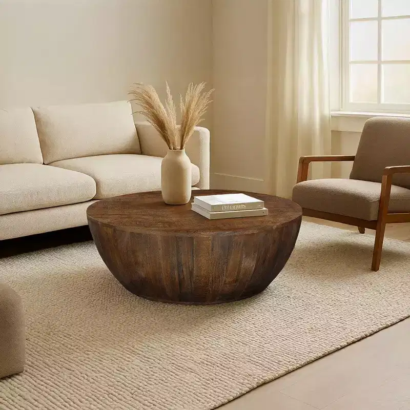 Walnut Brown Mango Wood Round Drum Coffee Table for 1