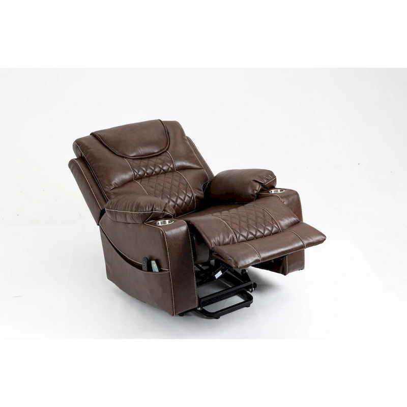 Brown Leather Power Lift Recliner, Multi-Function Massage, Heating, Cup Holders
