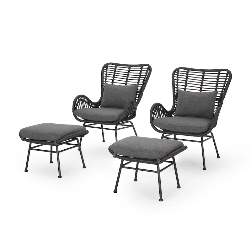 Chalet Outdoor Modern Boho Wicker Chat Set with Ottomans by Christopher Knight Home
