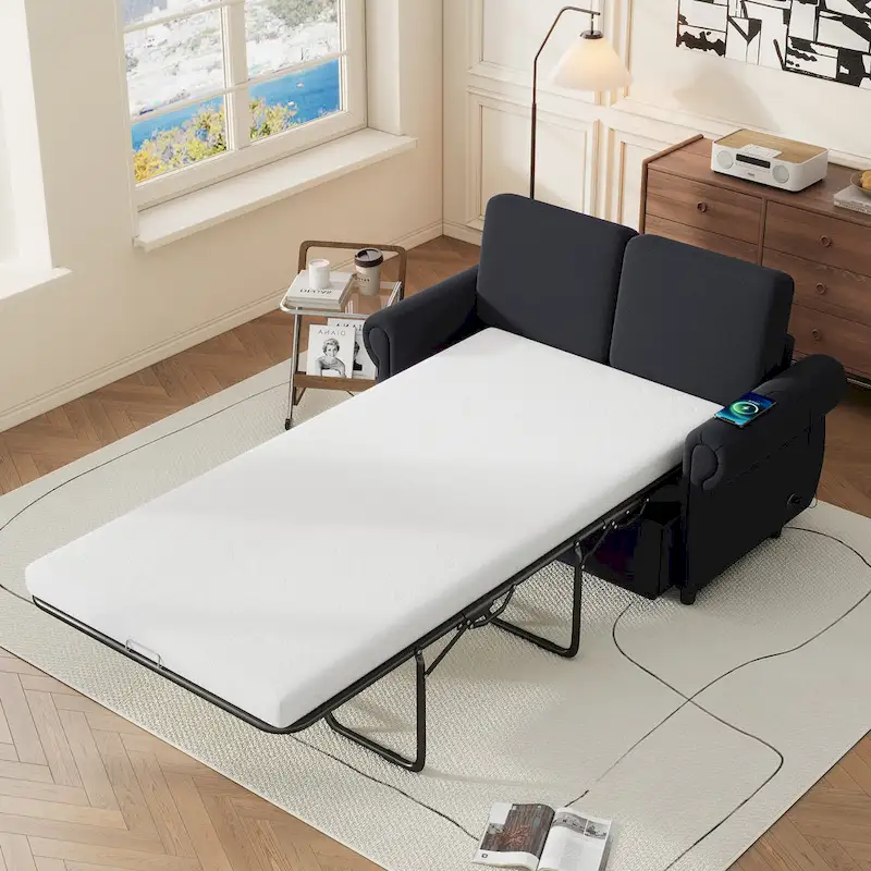 Roomfitters 57.9 Pull-Out Sleeper Sofa Loveseat with Twin Size Memory Foam Mattress, Two USB Charging Ports