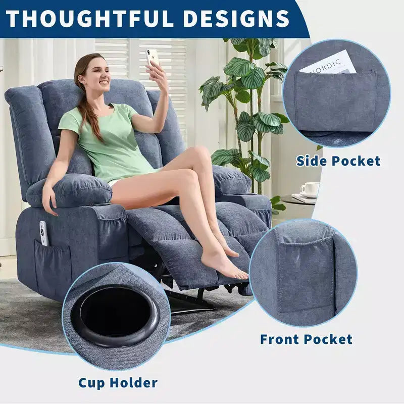 Large Recliner Chair, Manual Reclining Sofa with Massage and Heat, Comfy Sofa Chair with 3 Positions, 2 Side Pockets, 2 Front Pockets and 2 Cup Holder