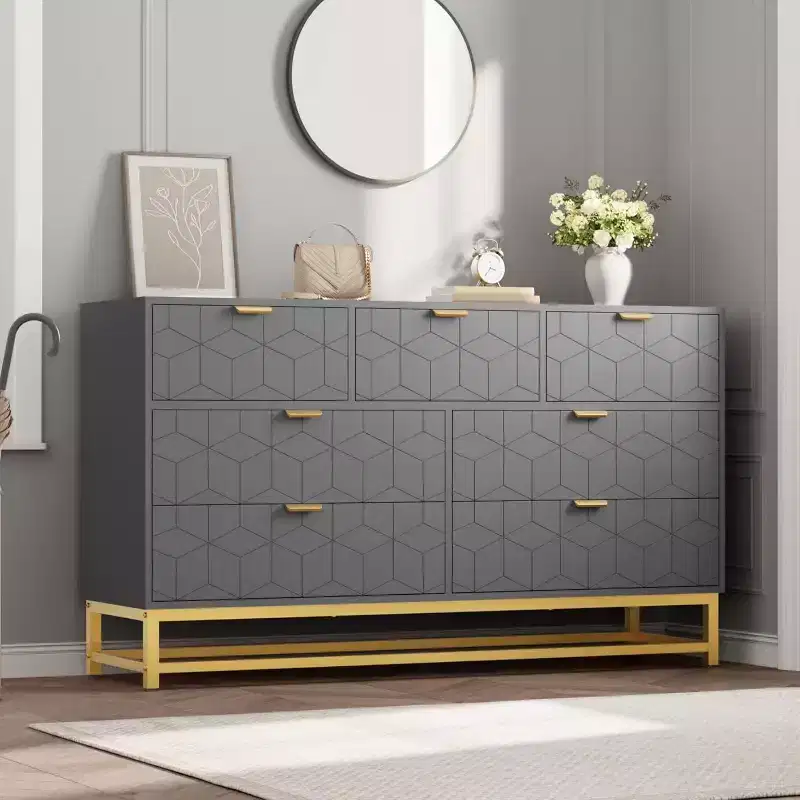 Grey & White 7-Drawer Dresser with Gold Handles, MDF, 53.5