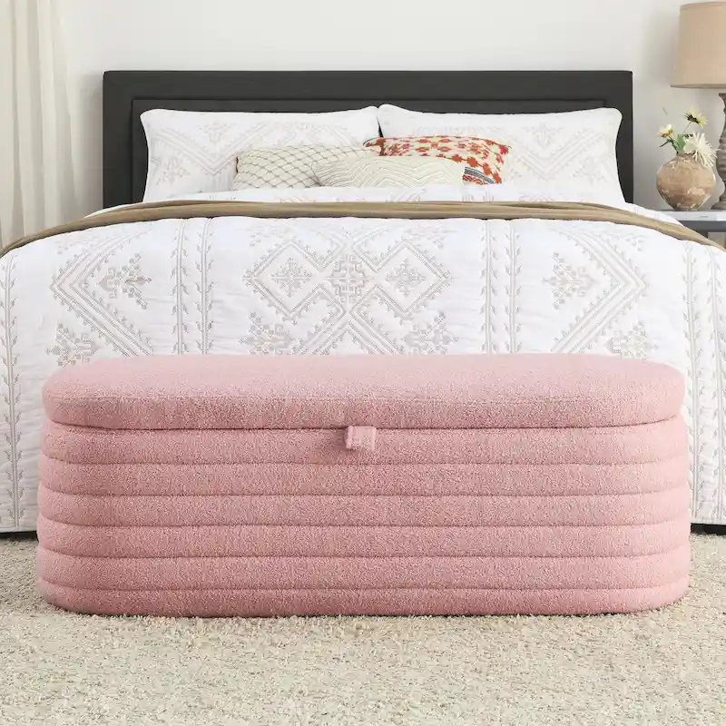Teddy Fabric Upholstered Storage Bench End of Bed Stool with Safety Hinge