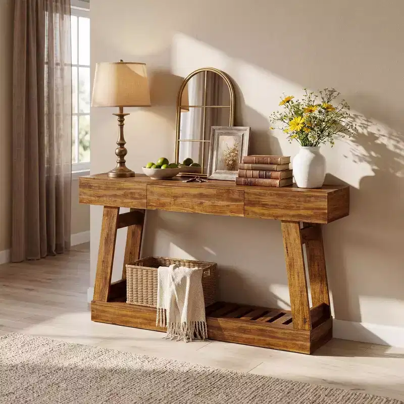 Farmhouse 60 Entryway Table with Drawer, Rustic Narrow Console Table, Wood Frame Sofa Table with Bottom Storage Shelf for Hallway, Behind Couch