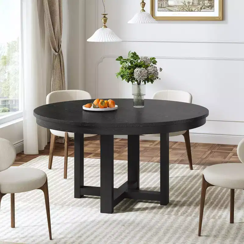 PexFix 45 x 45 Solid Wood Farmhouse Dining Table Round Wood Texture Top with Cross X Base for Modern Dining Rooms & Family Gatherings Black