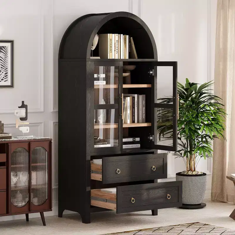 Whisen 71 Tall Arched Kitchen Pantry with 2 Large Drawers, Adjustable Shelves & Glass Door