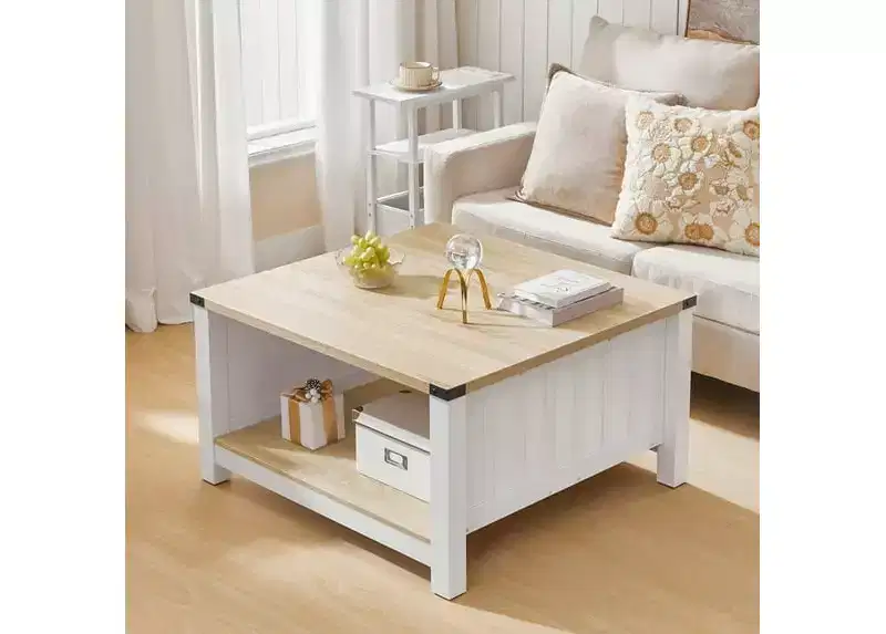 ACOINEL Farmhouse Square Coffee Table for Living Room, Wooden Cocktail Table with Half-Open Storage Compartment, Natural Coffee Table