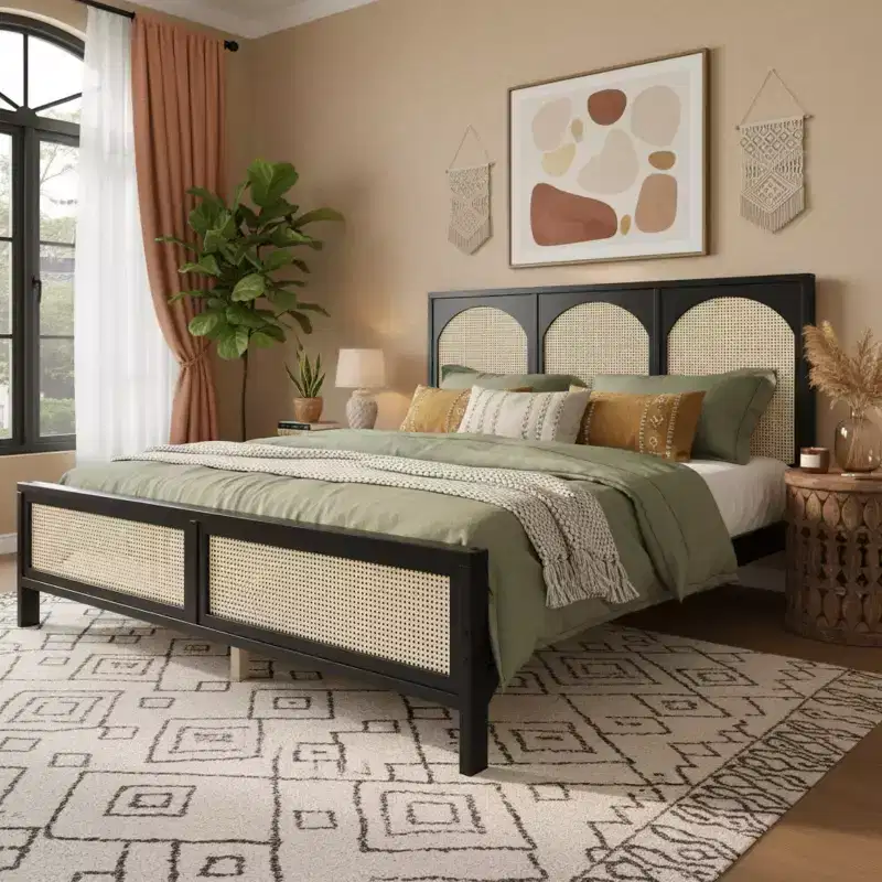 Polibi Wood Platform Bed with Arch Rattan Headboard