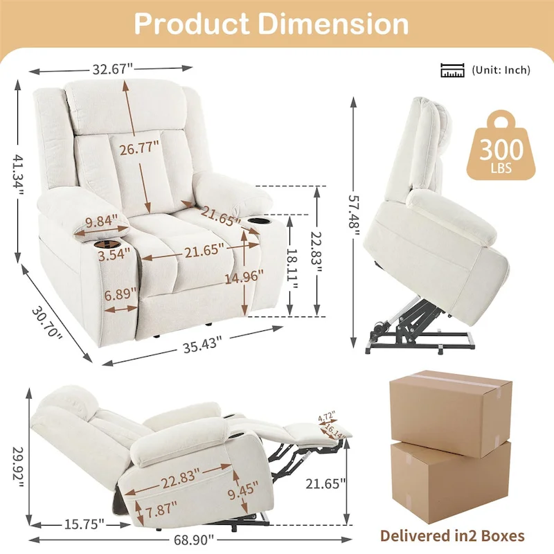 Snowflake Velvet Fabric Power Lift Recliner w/Extended Footrest