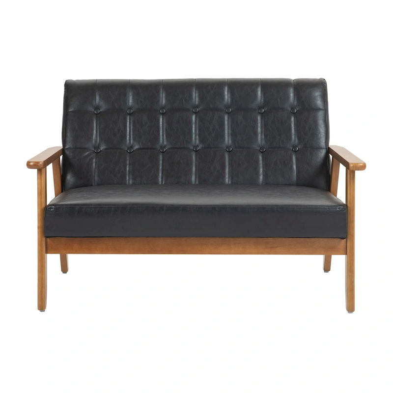 HOMEFUN Mid-Century Linen/PU Upholstered Wood Frame Tufted Loveseat Sofa