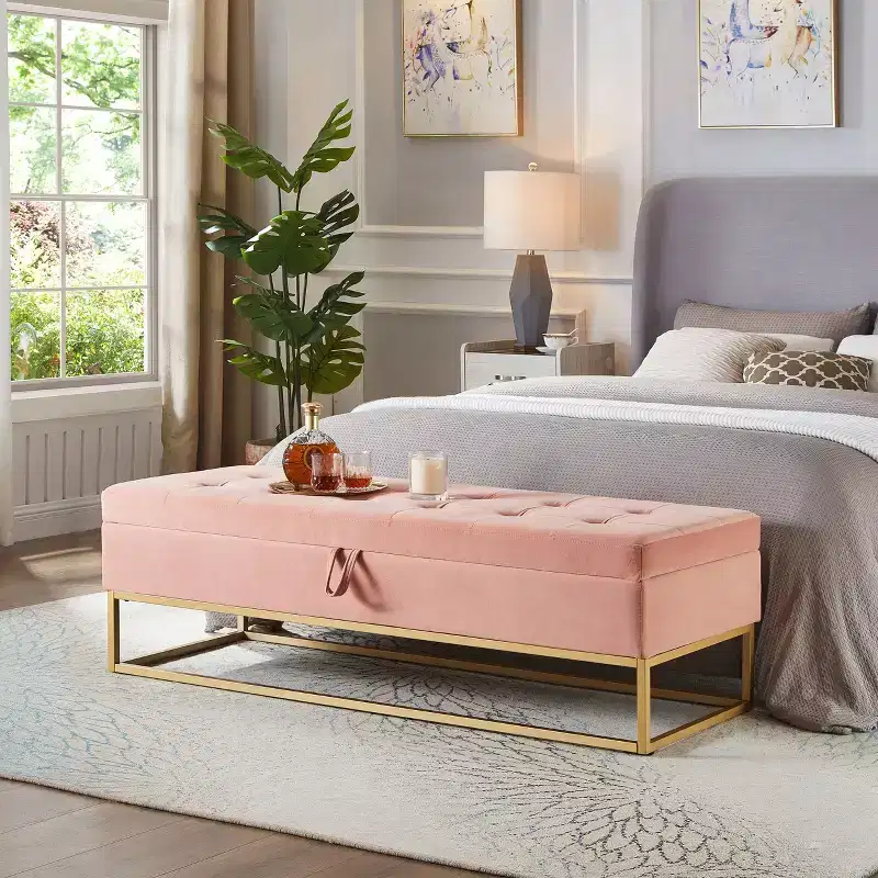 Metal Base Storage Velvet Bench for Bedroom, Living Room & Hallway - Pink