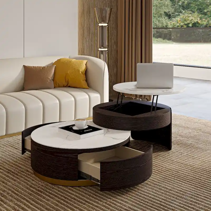 Lift-top Modern Nesting Coffee Table Set Of 2, White Sintered Stone Coffee Table Set