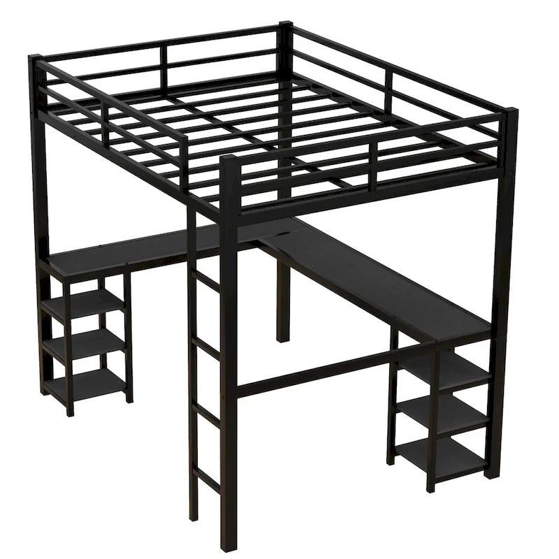 Full Metal Loft Bed with Desk and Shelves
