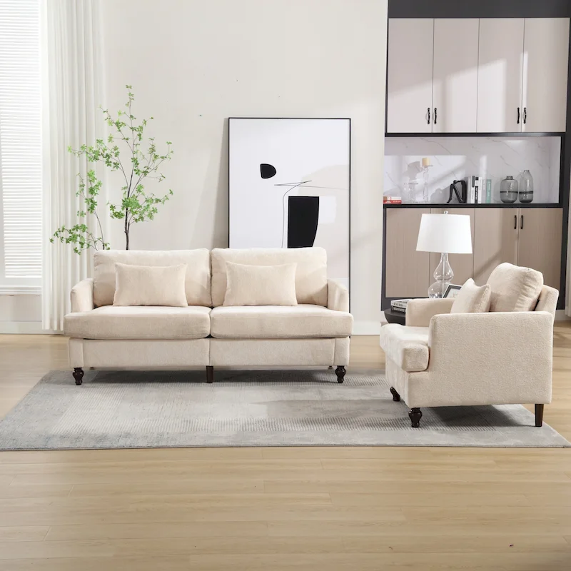 HOMEFUN Chenille Upholstered Wood Frame Loveseat with Armchair for Living Room