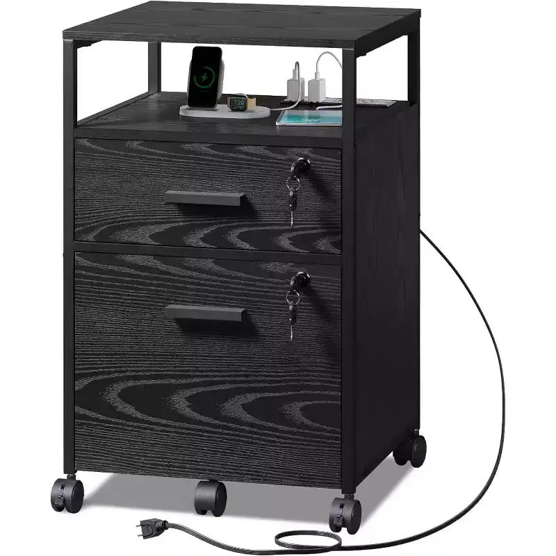 2 Drawer File Cabinet, Mobile Printer Stand with Open Storage Shelf, Wood Filing Cabinet fits A4 or Letter Size for Home Office